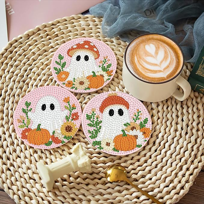 8 Pcs Halloween Diamond Art Coasters Kits with Holder 4X4 Inch