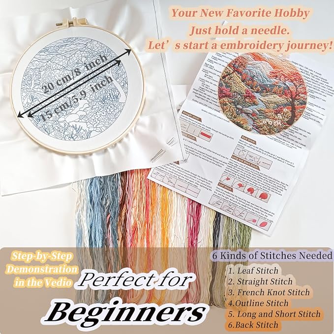 FONNUY Embroidery Kit for Beginners, Boho Nature Landscape Pre-Stamped Pattern Kits for Adults with Hoop, Easy to Follow Color Thread Needlework, 8'' Hoop (Mountain Stream)