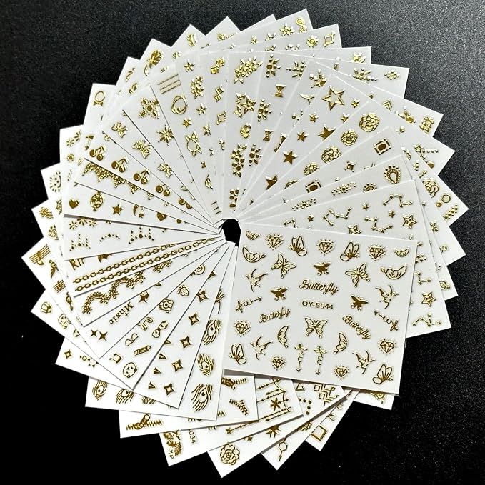 30 Sheets Gold Nail Art Stickers Gold Flower Butterfly Nail Stickers Star Line Self-Adhesive Nail Decals Acrylic Nails DIY Design Nail Supplies for Women and Girls