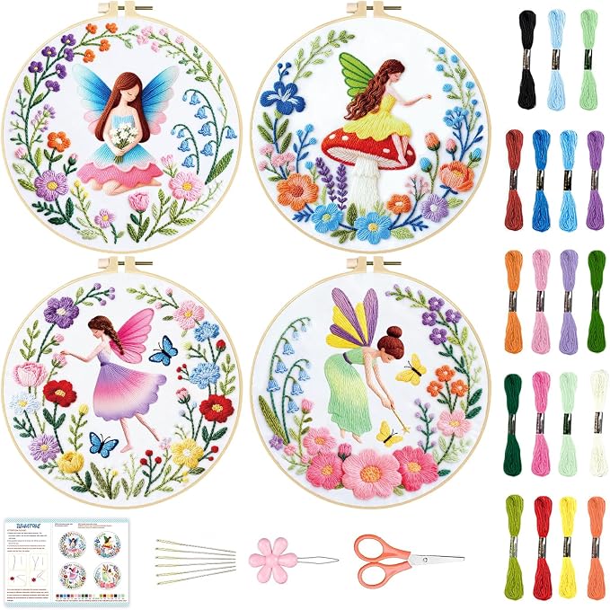 BEUNITONE 4 Set Fairy Patterns Embroidery Kit for Beginners 7.9"x7.9" DIY Complete Needlepoint Kits for Adults, Cross Stitch Starter Kit with Hoops and Instructions, Handmade Gifts for Home Decor