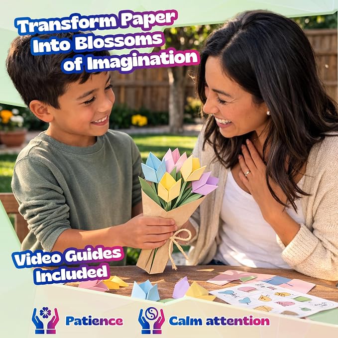 Pinwheel Crafts Flower Origami Kit for Kids Ages 8-12, 150 Pcs Spring Color | 100 spring color folding sheets, 20 chenille stems, 30 buttons and gems, booklet, makes 3D paper flowers, gift for girls