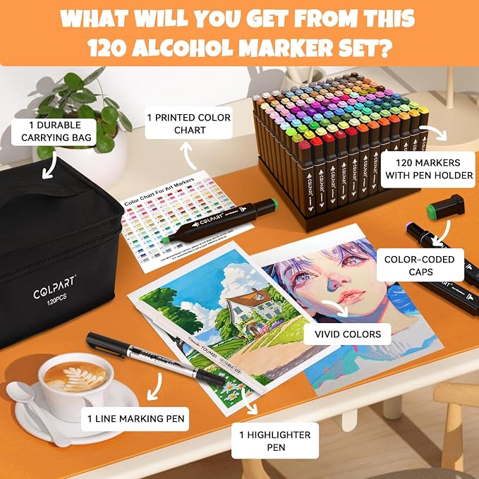 colpart 120 Colors Alcohol Markers Set, Dual Tip Art Markers with Case | Dual Tip Alcohol Markers for Kids & Adults, Includes Case and Pen Holder, Ideal for Coloring, Sketching, Drawing