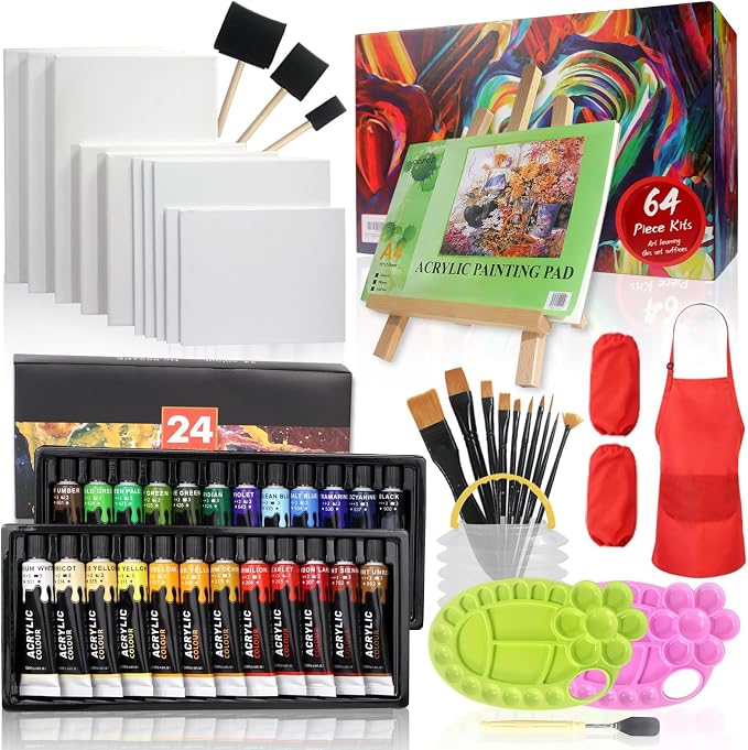 Colorful Acrylic Painting Kit, 64 Piece Set with Walnut Easel, 24 Colors | Smooth blending, versatile art supplies for canvas painting, crafts, home project &creative gifts for beginners &artists