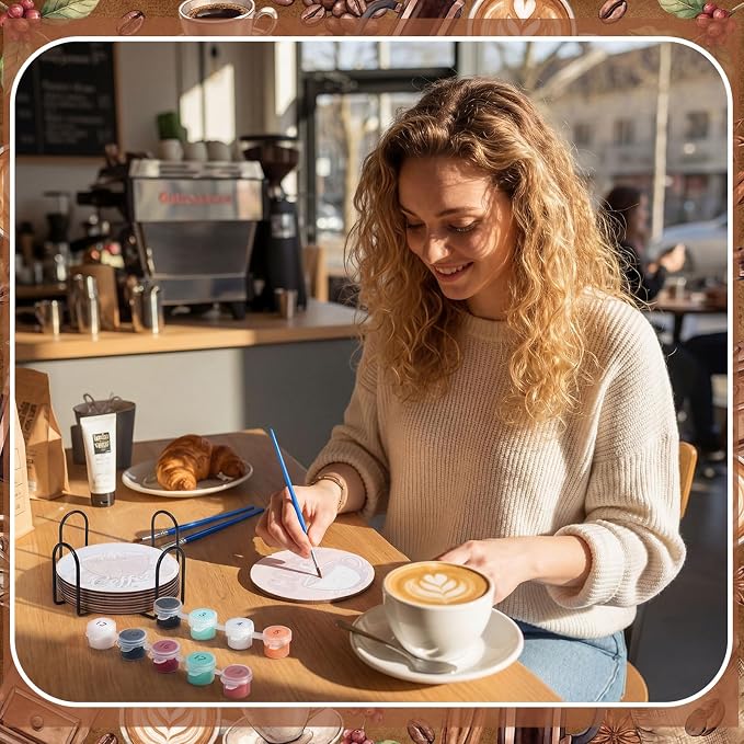 Reallnaive 8 Pcs Coffee Paint by Numbers Kit for Adults Wooden Coaster | Mini Paint by Numbers, Tiny Brown Round Oil Painting Drink Coaster with Holder, for Small DIY Craft Birthday Gift