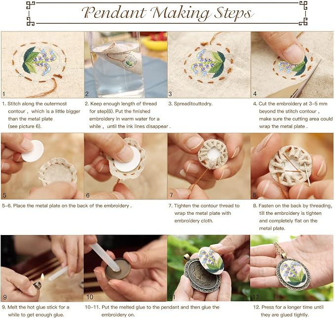 ZOCONE 3 Packs Embroidery Necklace Kit, Embroidery Pendant Kits Mini Cross Stitch Kit with Hoop, Necklace, Pendant, Beads, Stamped Pattern Cloth, Instructions, etc., Embroidery Kits for Adults