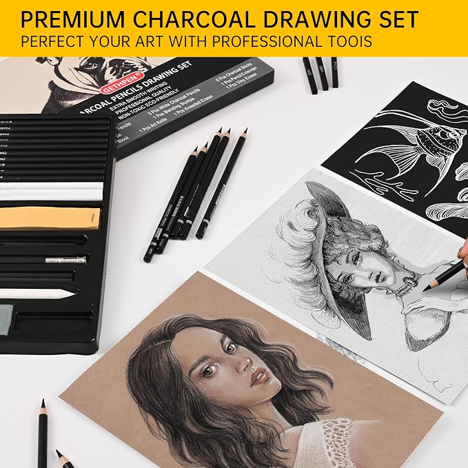 GETHPEN Charcoal Pencils for Drawing, S-Soft, Soft, Medium, Hard, 27Pcs | Black White Charcoal Pencils Kit, Drawing Pencils for Sketching, Shading, for Teens, Adults, Beginners & Artists