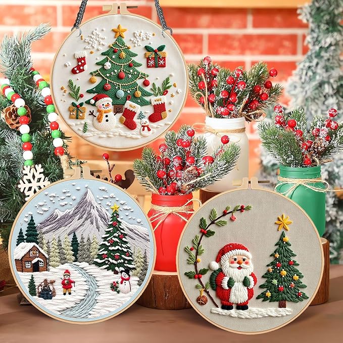 LB Red Christmas Embroidery Kit for Beginners Adults, 3 Sets Hand Embroidery Starter Kit with Santa Pattern and Instructions Stamped Cross Stitch Kits Include Embroidery Hoop Needles Threads Scissors