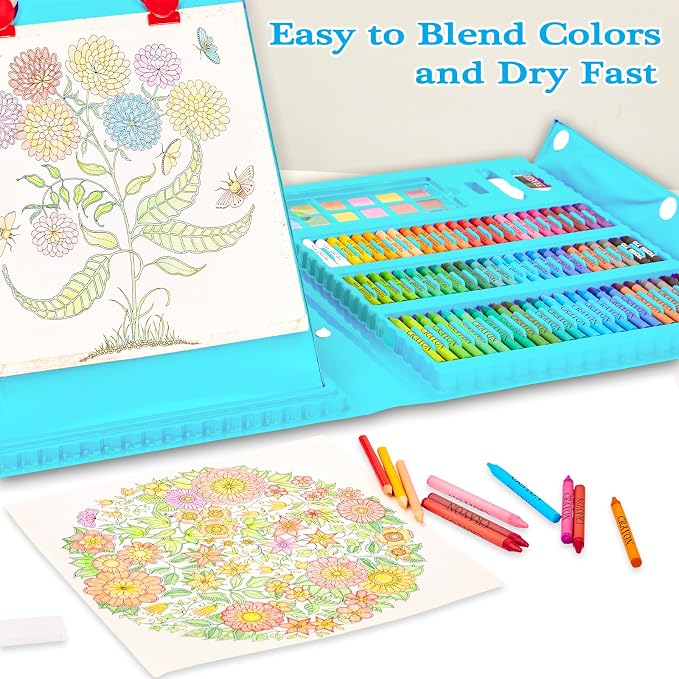 KINSPORY Art Set for Kids, 290 Pack Double-Side Easel Drawing Kits (Blue)