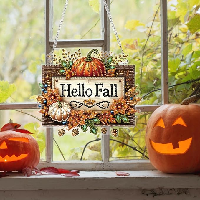 Bowetile Hello Fall Wreath Diamond Art Hanging Kits for Adults, Thanksgiving Diamond Art Suncatchers Autumn, 5D Halloween Diamond Painting Pendant Window Ornament Gifts for Home Door Decor