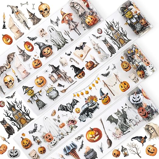 JarThenaAMCS 39.2 Ft Halloween PET Washi Tape 4 Rolls Pumpkin Ghost Witch Bats Transparent Adhesive Masking Tape for Cut & Use as Halloween Stickers Scrapbook Journal DIY Crafts Wrapping