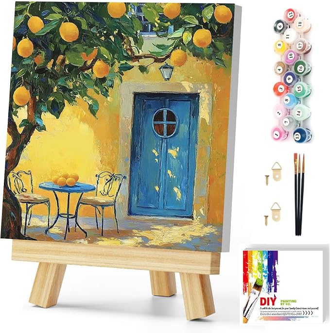 Gemozaic Lemon Tree Paint by Numbers Kit for Adults with Frame and Easel | Lemon Framed Adults' Paint by Number Kits, Oil Acrylic Painting for Home, Office, Wall Decor, 8 x 8 Inch