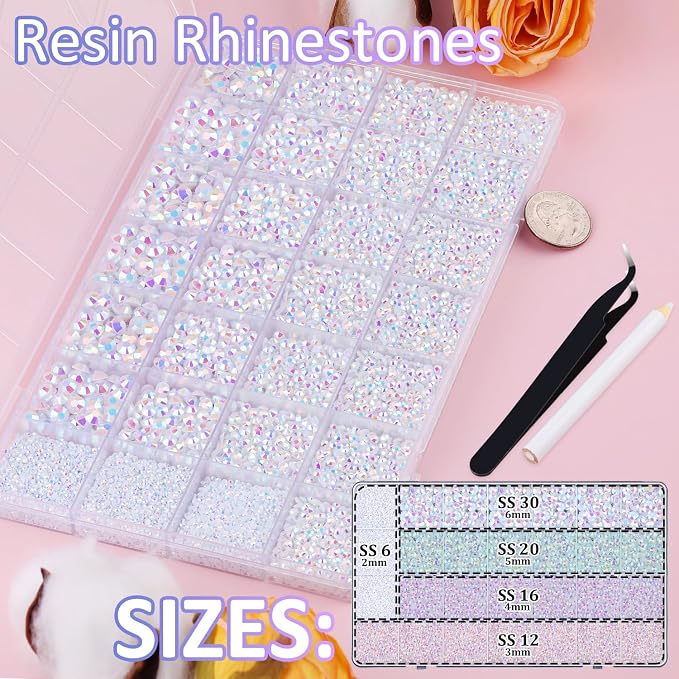 30000Pcs Resin Rhinestones for Bedazzling with Tweezers, White AB Rhinestones for Crafting with 3Pcs 10ml B7000 Jewelry Glue for DIY Crafts Clothing Tumblers Shoes Fabric Nail Art