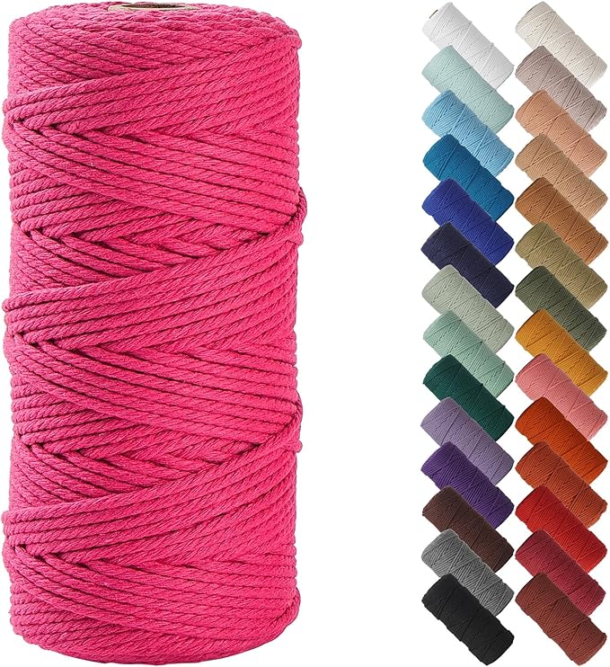NOANTA Hot Pink Macrame Cord 3mm x 109yards, Cotton Rope Macrame Yarn | Macrame Rope Supplies, 3 Strand Twisted Cotton Yarn String, Cotton Cord for Wall Hanging, Plant Hangers, Crafts, Knitting