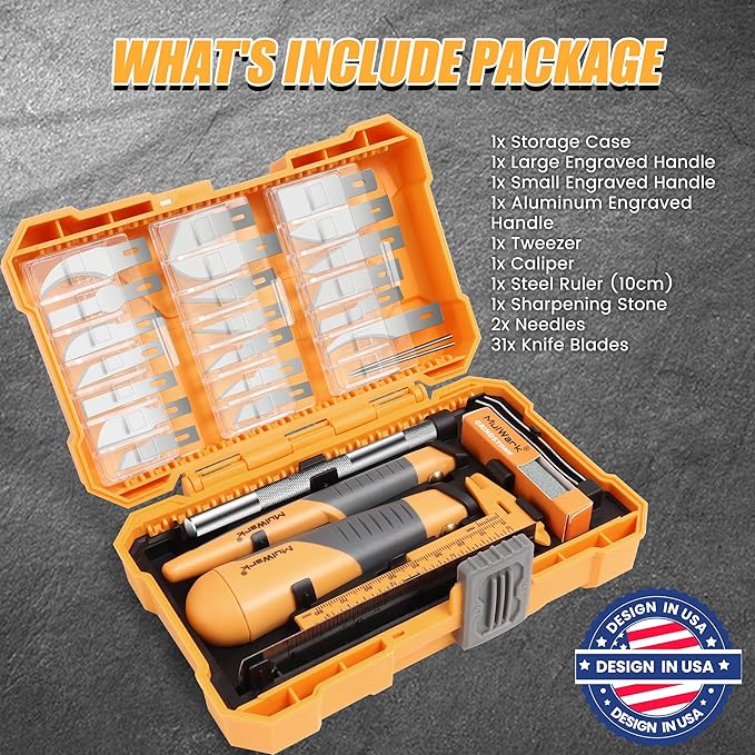 MulWark 41-Piece Precision Hobby Knife Set - Exacto Knife Set For Modeling - Craft Knife Handle Customized With Chiseling, Stencil Edge And Fine Point Blades With Sharpening Stone And Steel Ruler