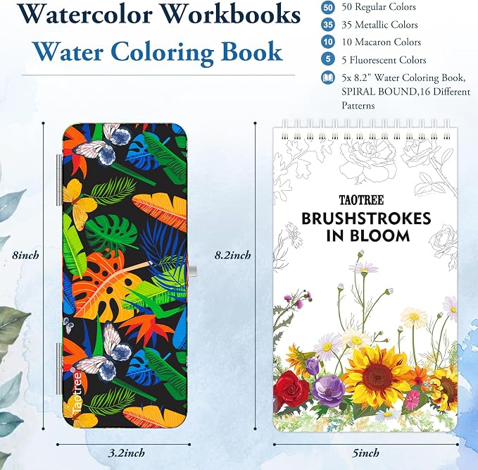 Taotree 100 Colors Watercolor Paint Set with 16 Different Flowers Designs | Watercolor Workbook, Water Coloring Book with Palette and Art Brush, Paint Set Art Supplies for Adults Beginners (Flowers)