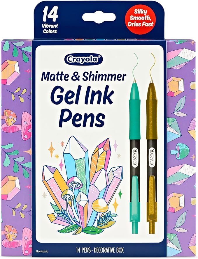 Crayola Gel Ink Pen Marker Set, 14 Matte & Glitter Pens, Gel Pens for Coloring, Fine Point, Gift for Kids & Teens, Ages 4+