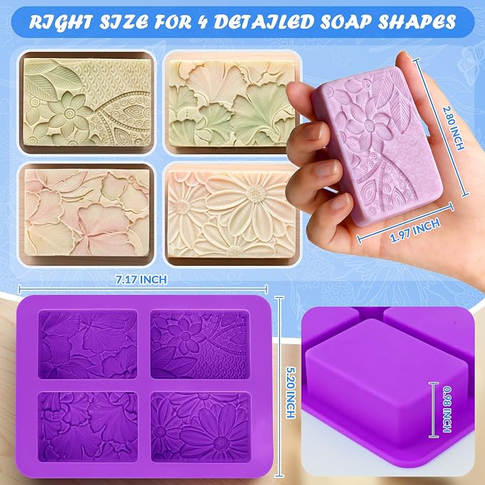 HKNMTT 2Pcs Soap Molds Silicone 3D Rectangle Flower Pattern Silicone Mold | 4-Cavity Floral Molds for Handmade Soap Shower Steamer Bath Lotion Shampoo Chocolate Bars DIY Craft Non-Stick Food Grade
