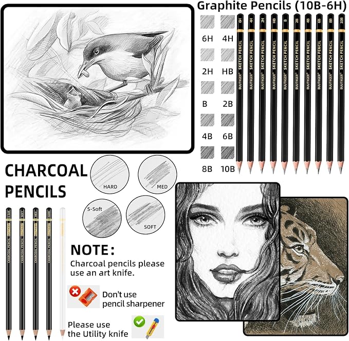 Drawing Sketching Pencil Set, 22 Pcs, Graphite Pencils (10B-6H) | Art Pencil Kit with Black and White Charcoal Pencils, Charcoal Sticks, Stumps, Eraser, Sharpeners, Sketch Set for Artists