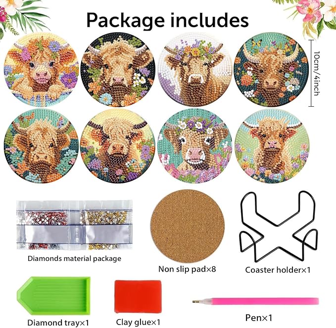 mrpwnle 8 Pack Highland Cow Diamond Art Coasters Kits for Adults Beginners