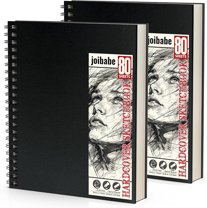 Joibabe Sketch Book 9" x 11"，2 Pack 80-Sheets (68lb/100gsm)，Double-Sided Hardbound Sketchbook, Spiral Bound,Acid Free Painting Art Paper for Kids and Adults