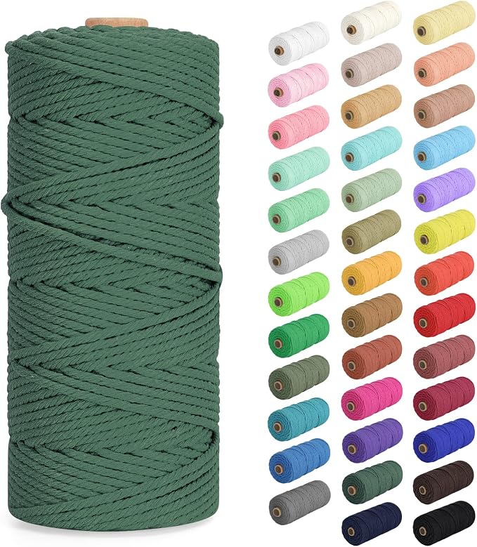 Macrame Cord 2mm x 220Yards (656Feet), Natural Cotton Macrame Rope - 2 Strands Twisted Macrame Cotton Cord for Wall Hanging, Plant Hangers, Crafts, Gift Wrapping and Wedding Decorations, Dark Green
