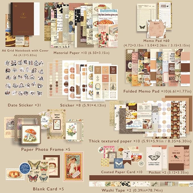 Scrapbooking Supplies Kit, A6 Grid Notebook, Vintage Junk Journaling Kit