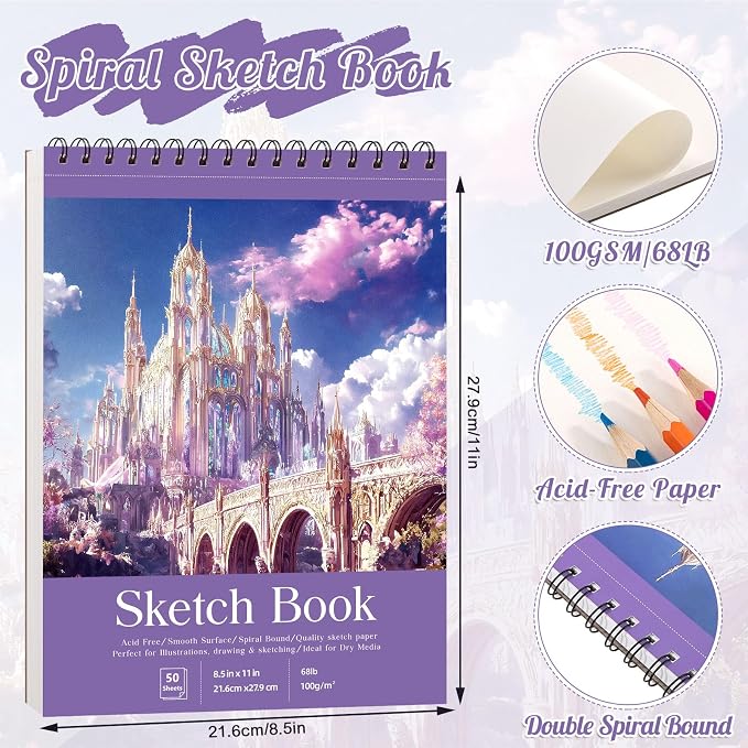 8.5×11 Sketch Book, Spiral Bound, 100 Sheets, Acid-Free, Purple | 68lb/100gsm Paper, Perforated Pages, Sturdy Backboard, Ideal for Pencil, Charcoal, Pastel & Crayon