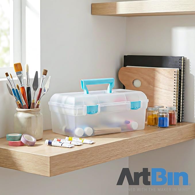 ArtBin 6937AG Essentials Lift-Out Tray Box, Portable Art & Craft Organizer with Handle and Tray, Clear/Aqua