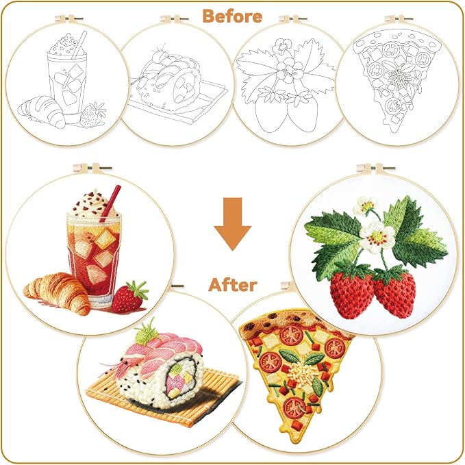 BEUNITONE 4 Set Strawberry Embroidery Kit with Hoops for Adult Beginners | Food/Drink Needlepoint Craft Kits Complete DIY Handmade Cross Stitch Set with Pre-Printed Designs for Home Decor 20x20cm