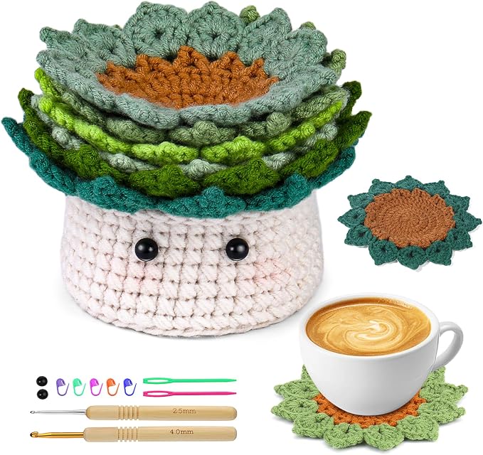 FTEVEN Crochet Kit for Beginners, 6PCS Coasters Crochet Starter Kit Plant