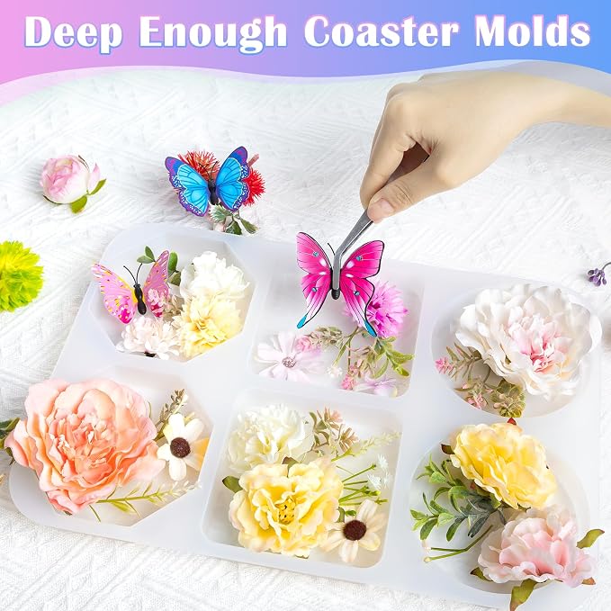 YOILES Deep Coaster Resin Molds Silicone,Epoxy Resin Molds | Octagon Round Square Silicone Molds for Resin Casting Craft Mold for Flower Preservation DIY Art (Mixed)