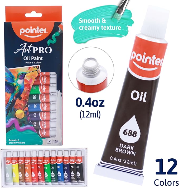 Pointer ArtPRO Oil Paint Set, 12 Colors, 0.4oz Tubes, Smooth Creamy Texture for Canvas and Fine Art