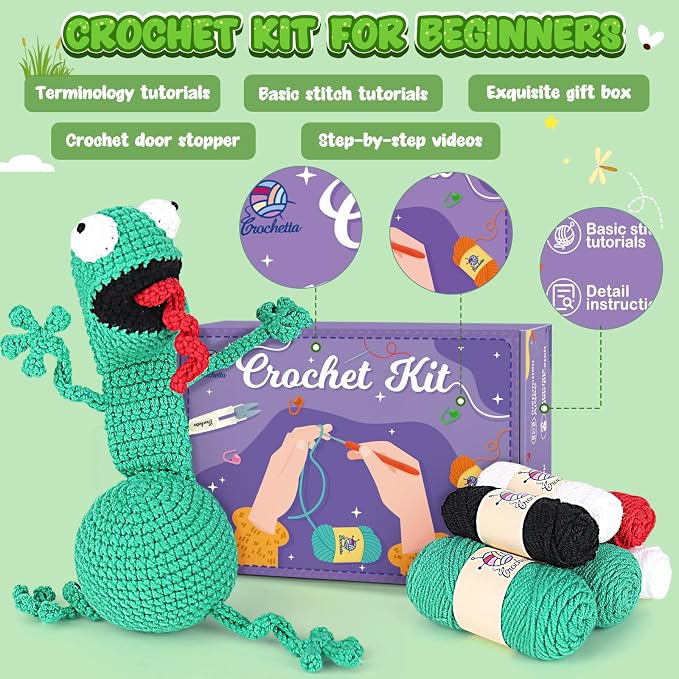 Crochetta Crochet Kit for Beginners, Crochet Starter Kit w Step-by-Step Video Tutorials, Beginner Crochet Kit for Adults Kids Women Men Complete Kit Included (Crochet Door Stop)