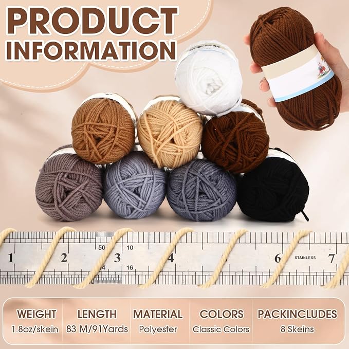 Buryeah Brown Series 8 Packs Crochet Yarn Knitting Bundle Beginner Acrylic Thread Fluffy Hand Tube Polyester Yarn Needles Bulky Kit Variety Pack 726 Yards for Weaving Crafts DIY Project Beginner