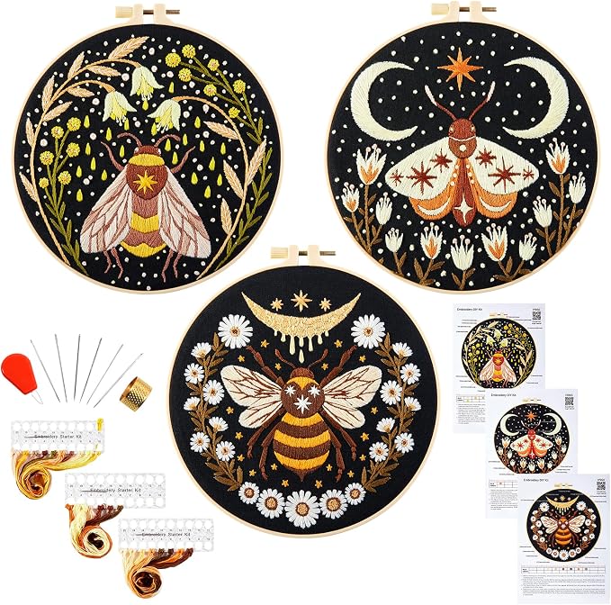 Hand Embroidery Starter Kits for Beginners Adults, Counted Stamped Cross Stitch Kit for Beginners Adults, Embroidery Needlepoint Kit with Moth Flower Pattern, 3 Hoops (Attached Teaching Video QR Code)