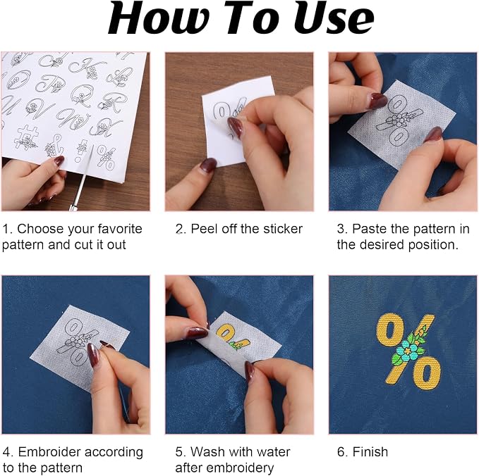 ORIGACH 4 Sheets 143 Pcs Water Soluble Embroidery Patterns Stabilizers - Pre-Printed Letter, Number & Floral Hand Sewing Stabilizers- Stick & Stitch Embroidery Patterns for Hand Sewing Beginner