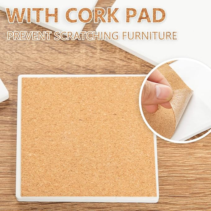 Ceramic Tiles for Crafts Coasters - 12Pcs Blank Unglazed White Tiles for Painting, Alcohol Ink, Acrylic Pouring - Make Your Own Coaster - Cork Backing Pads Included (4x4 Inch)
