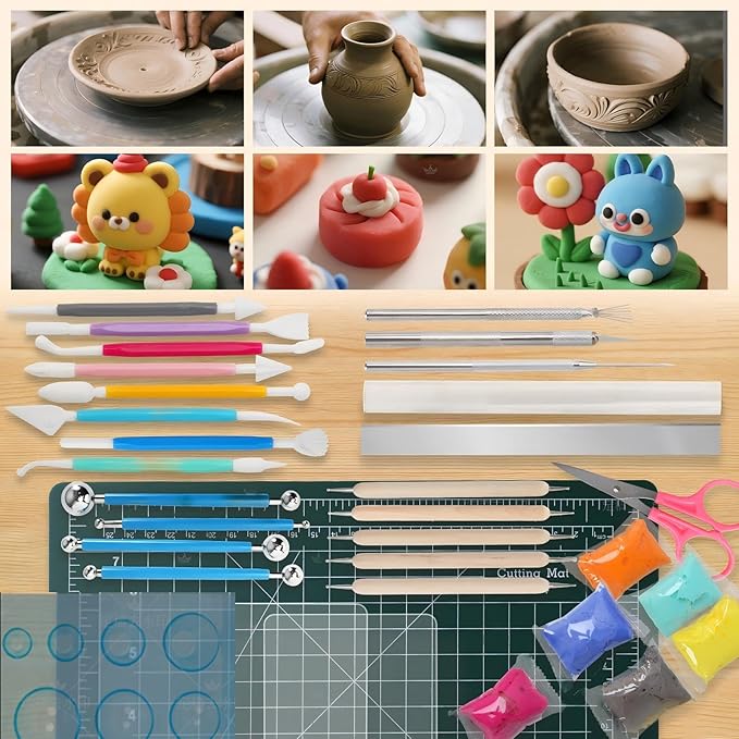 Basic Polymer Clay Tools, Clay Sculpting Tools Acrylic Roller Pin, Clear Rectangle Sheet Press Board, Double-Ended Pottery Carving Set for Beginner (26)