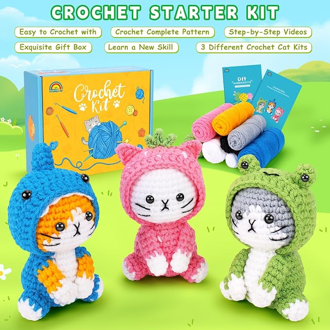 Fortuning's JDS Crochet Kit for Beginners, 3 PCS Crochet Animal Kits | w/ Step-by-Step Video Tutorials, Beginner Crochet Kit for Adults, Cat Dressed as Shark Frog Strawberry