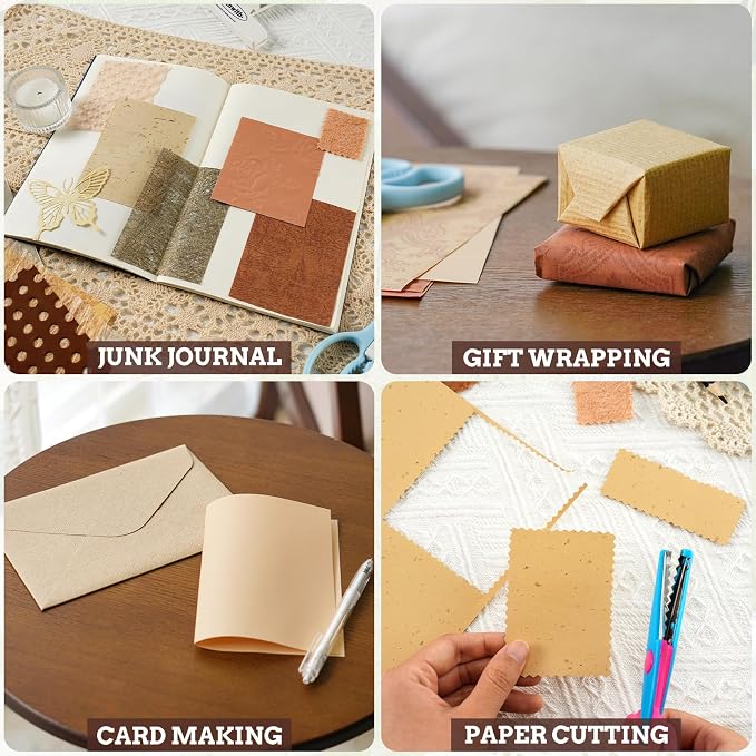 50 Sheets Unique Handmade Textured Scrapbook Paper & Mesh Fabric set - Junk Journal Supplies Craft Paper for Scrapbooking Journaling Supplies for Junk Journal Retro Crafts（Brown）