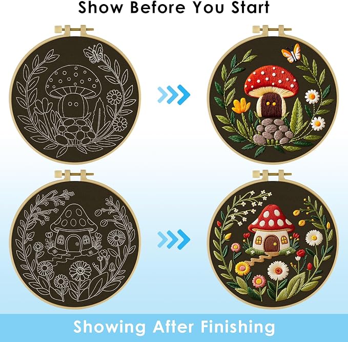 ERKOON Embroidery Kit for Beginners, 2 Set Flower Cross Stitch Set Include Embroidery Cloth Hoops Threads for Craft Lover Hand Stitch with Embroidery Skill Techniques (Mushroom)