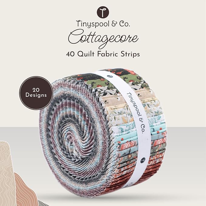 Tinyspool & Co.'s Twirlie Roll 40 Precut Quilting Fabric Strips for Quilting Supplies, Crafting, and Sewing, Soft Cotton Strip for Blanket, Rug, Upholstery, Home Decor, and Purse Making, Cottagecore