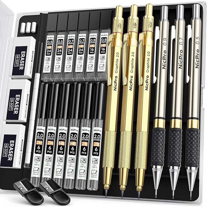 Nicpro Gold Art Mechanical Pencil Set | Metal Drafting Pencil 0.5, 0.7, 0.9mm & 2mm Lead Holder(2B HB 2H) For Sketching Drawing With Lead Refills Case