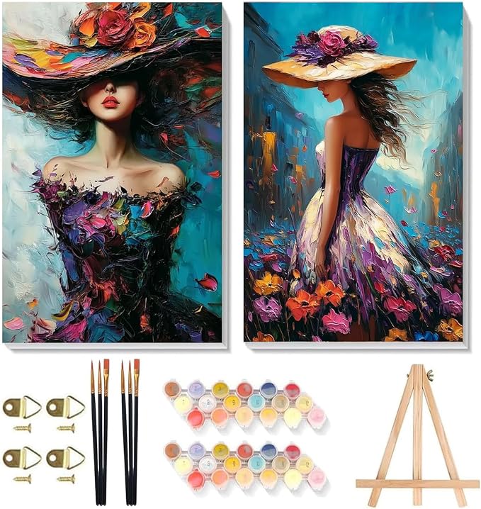 2 Pack Woman Framed Paint by Numbers Kit for Adults Beginner 8x12inch | Colorful Woman With Hat Adult Paint by Number Kits on Canvas with Wooden Easel, Oil Painting Kits for Adults for Home Decor
