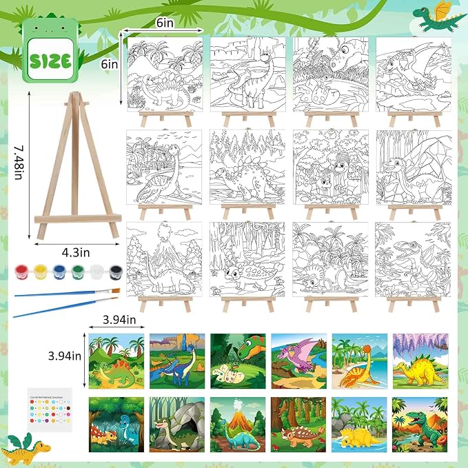 Tenceur 12 Sets Pre Drawn Canvas to Paint Adult Stretched Coloring Painting Canvas Panels with Design Easel and Brushes for Party Supplies Beginner Favor(Dinosaur)