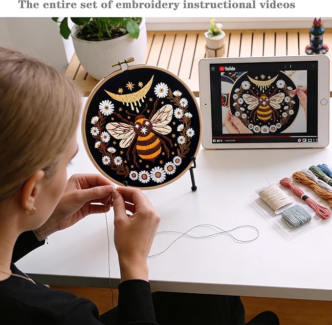 Hand Embroidery Starter Kits for Beginners Adults, Counted Stamped Cross Stitch Kit for Beginners Adults, Embroidery Needlepoint Kit with Moth Flower Pattern, 3 Hoops (Attached Teaching Video QR Code)