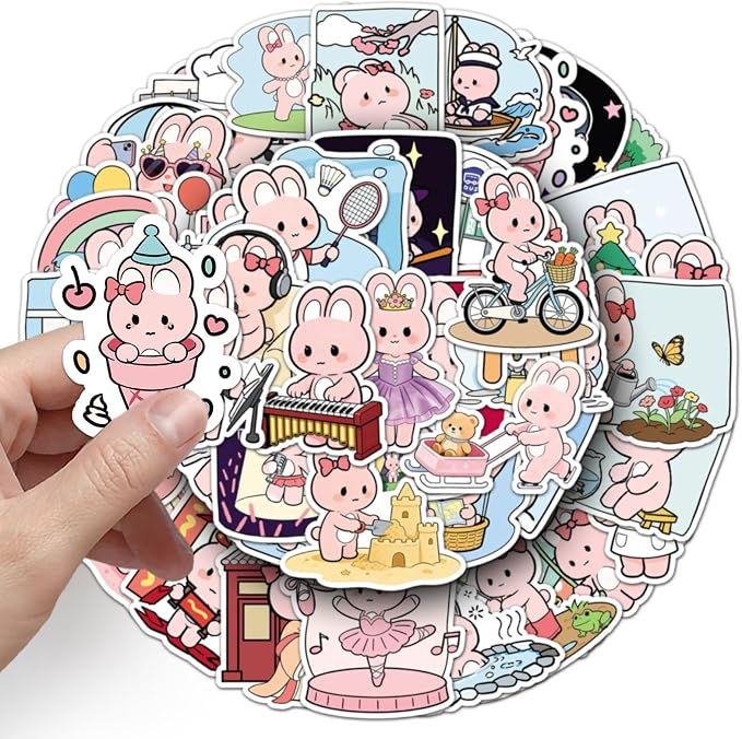 51PCS Cute Pink Bunny Stickers for Water Bottles, Aesthetic Cartoon Rabbit Vinyl Waterproof Stickers for Laptop, Journal, Phone, Scrapbook Teens Adults Decorative Size 1.78-2.35 Inch(Cute Pink Bunny)