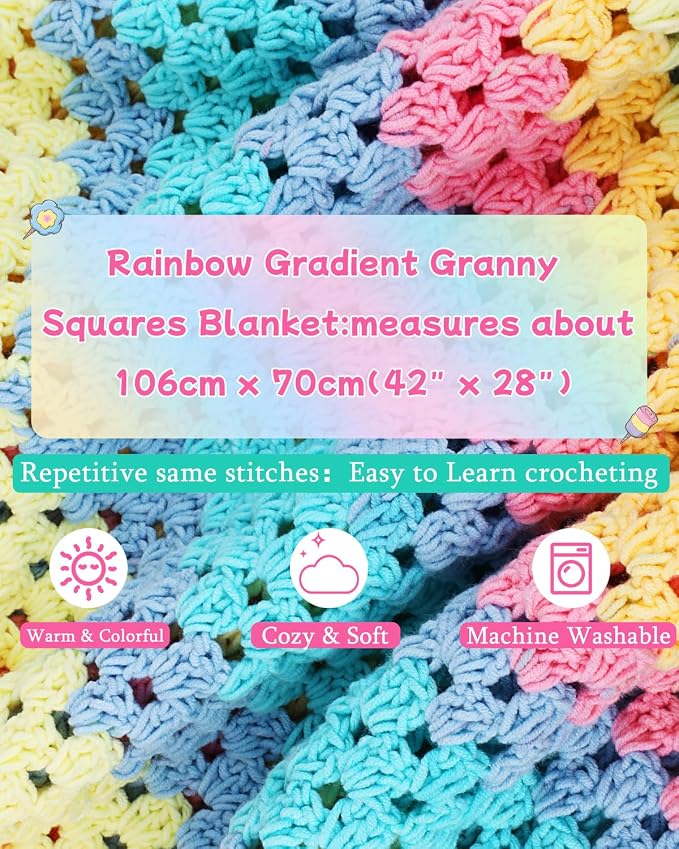 Aeelike Crochet Blanket Kit for Beginners,Rainbow Granny Square,Easy Start