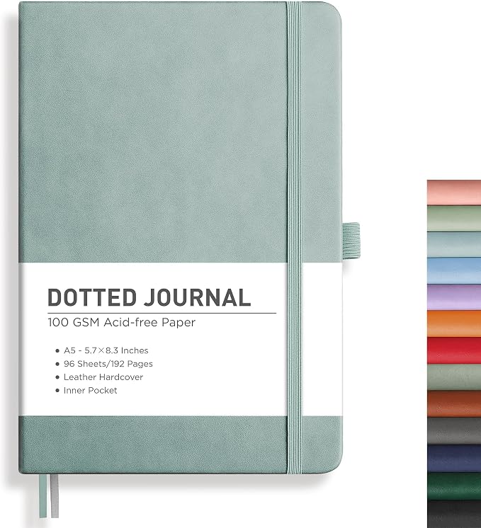 RETTACY Dotted Journal Notebook, 192 Pages, A5 Medium Size (5.7'' x 8.3'') | Leather Hardcover, 100 GSM Thick Paper, for Journaling, Planning, Tracking (Blue-gray)