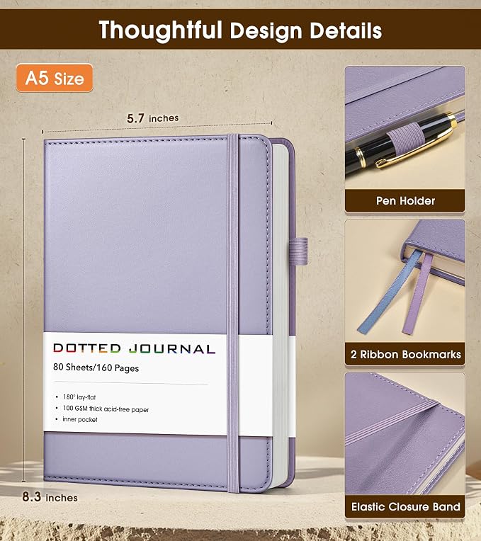 Dotted Journal Notebook, A5 Leather Hardcover, 160 Pages, 180° Lay-Flat Binding, 100 GSM Thick Paper, Dot Grid for Bullet Journaling, Planning & Daily Organization (Purple)